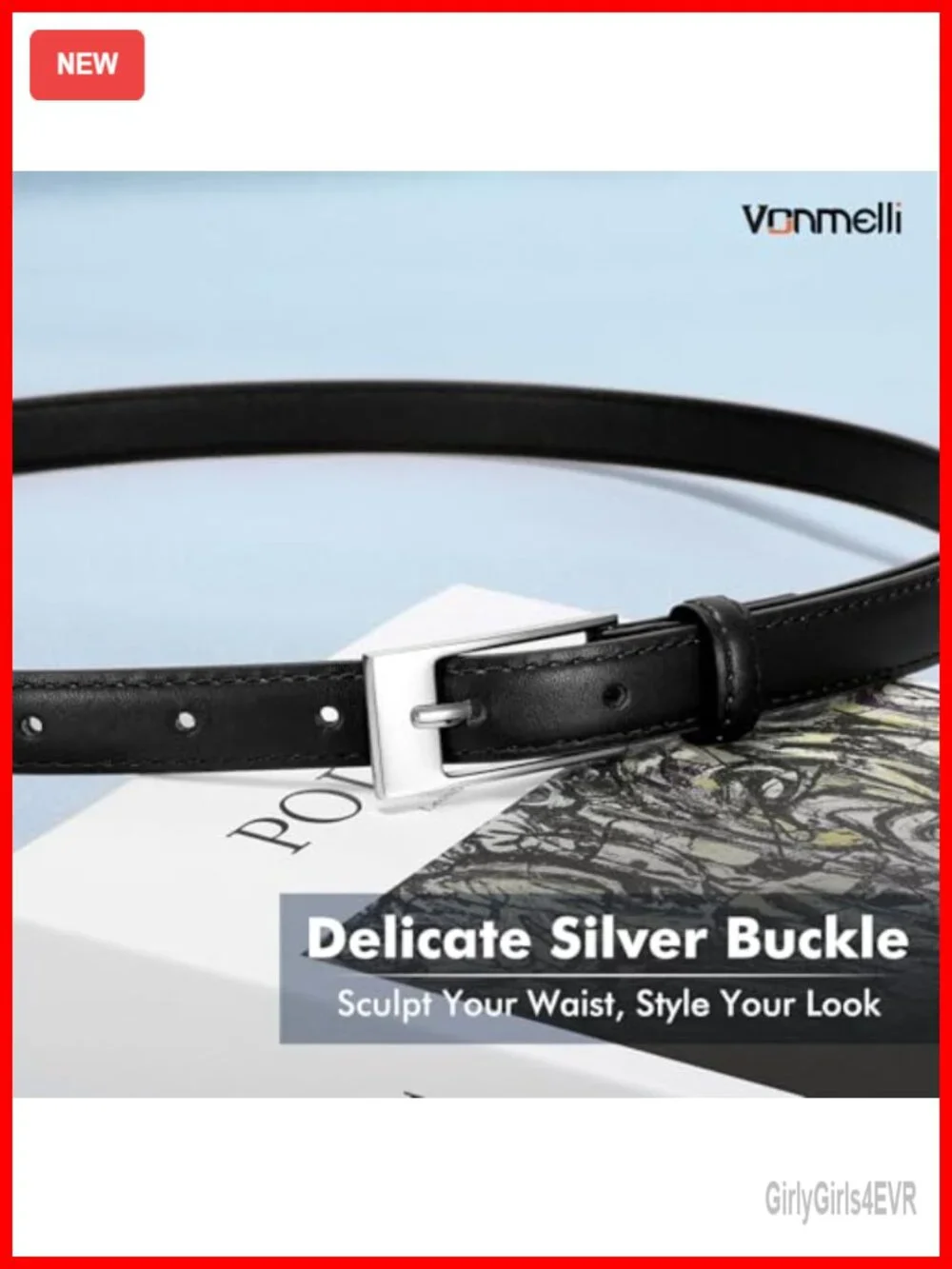 Women's Skinny Faux Leather Belt with Polished Silver Buckle, 0.7